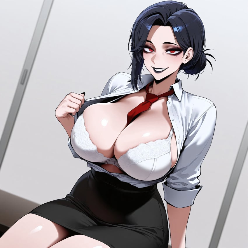 black_lipstick ent90 office_suit red_eyes shirt tie