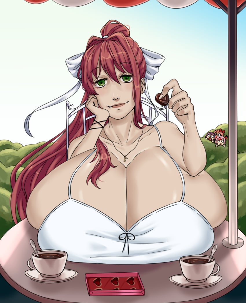 big_breasts breasts chocolate cleavage commission commission_art doki_doki_literature_club expperfect green_eyes long_hair monika_(doki_doki_literature_club) natsuki_(doki_doki_literature_club) sayori_(doki_doki_literature_club) yuri_(doki_doki_literature_club)