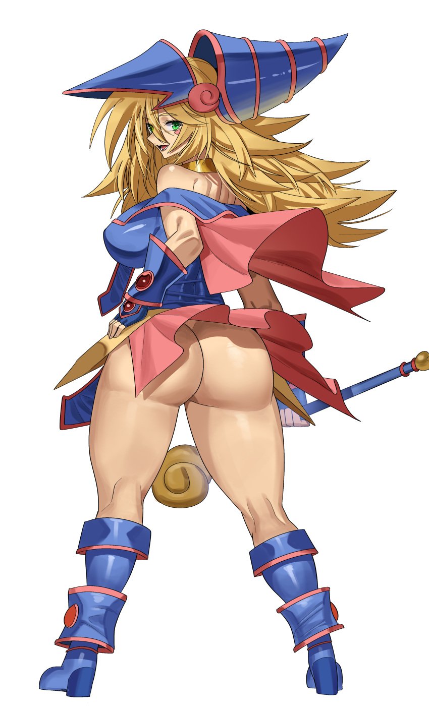 ass blonde_hair blue_eyes boots dark_magician_girl female gamjasssak going_commando green_eyes magic no_panties skirts staff white_background yu-gi-oh!