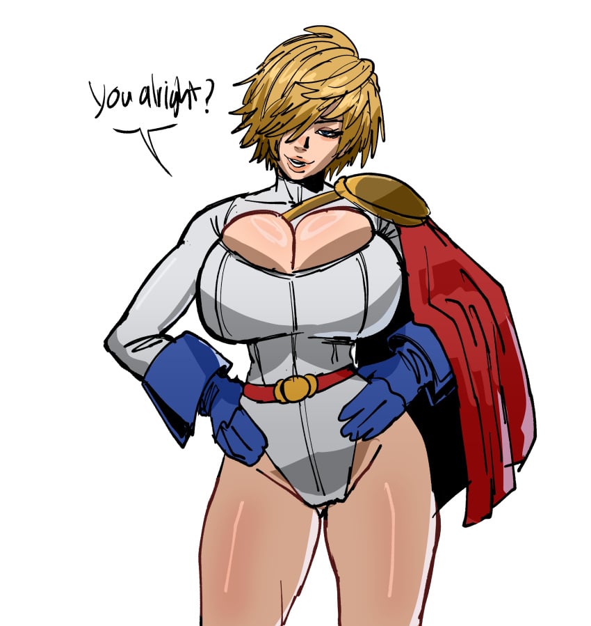 1girls blonde_hair blue_gloves breasts cape gloves henfent huge_breasts lips power_girl shiny shiny_breasts shiny_skin short_hair solo text thighs white_background wide_hips