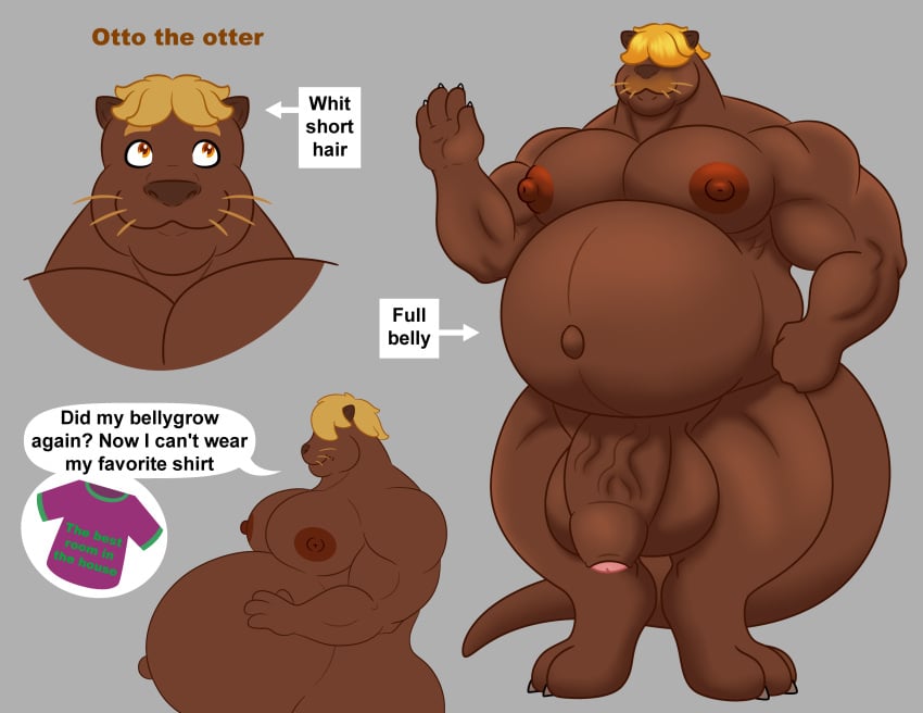 absurd_res anthro balls belly blonde_hair father_(lore) genitals hair hi_res male mammal muscular muscular_male mustelid navel nipples otter parent_(lore) pecs penis rub_lug solo tail vore