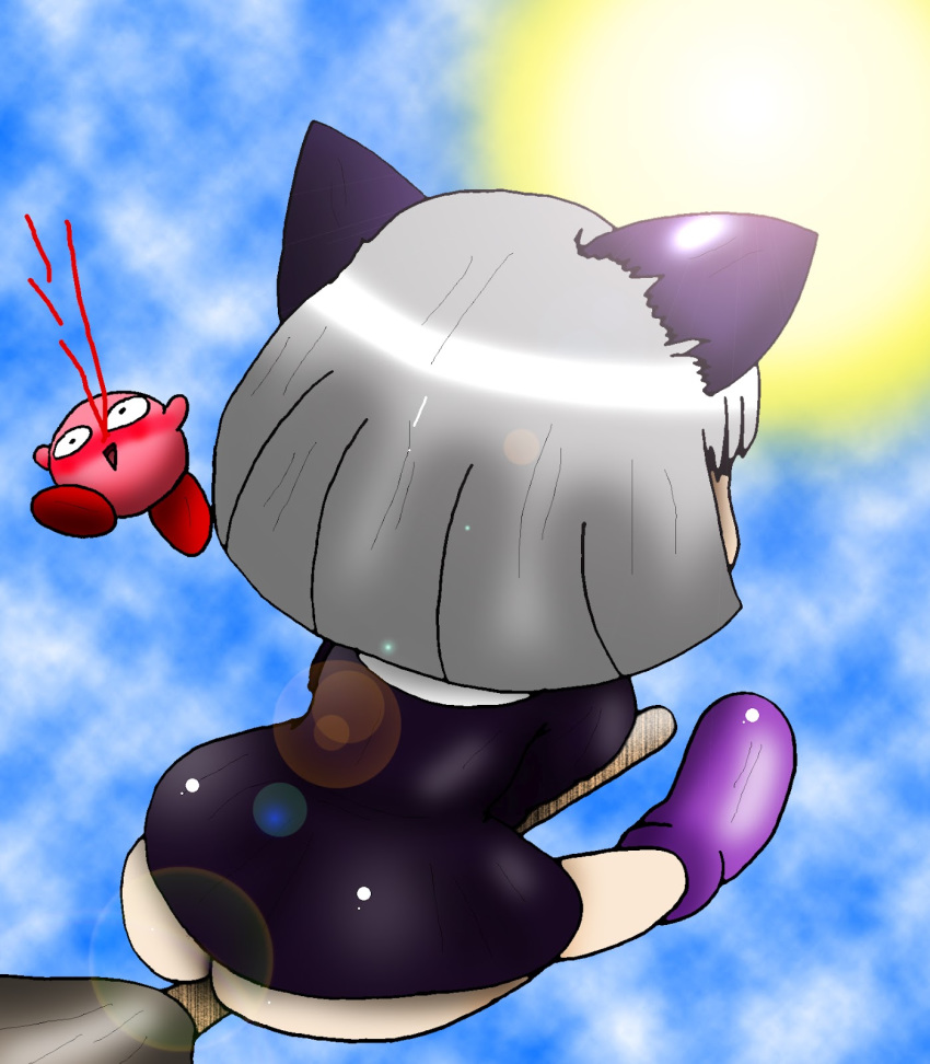 animal_ears ass back bigbootyinc black_dress blood broom cat_ears cat_girl dress hair keke keke_(kirby) kirby kirby_(series) nintendo no_panties nosebleed shoes silver_hair sky