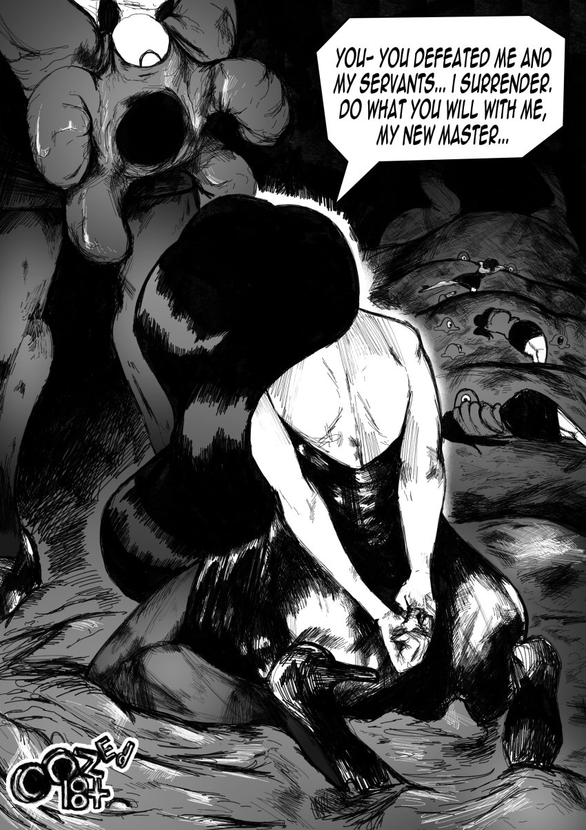 big_ass black_and_white captured clothed head_parasite infected infection kneeling large_ass leeper_parasite_(oozed) leeper_parasite_(witchdoctordb) legwear monster noir_(oozed) noir_(witchdoctordb) oozed pantyhose parasite pointy_nose revealing_clothes short_dress slime slime_monster speech_bubble text thick_thighs witchdoctordb