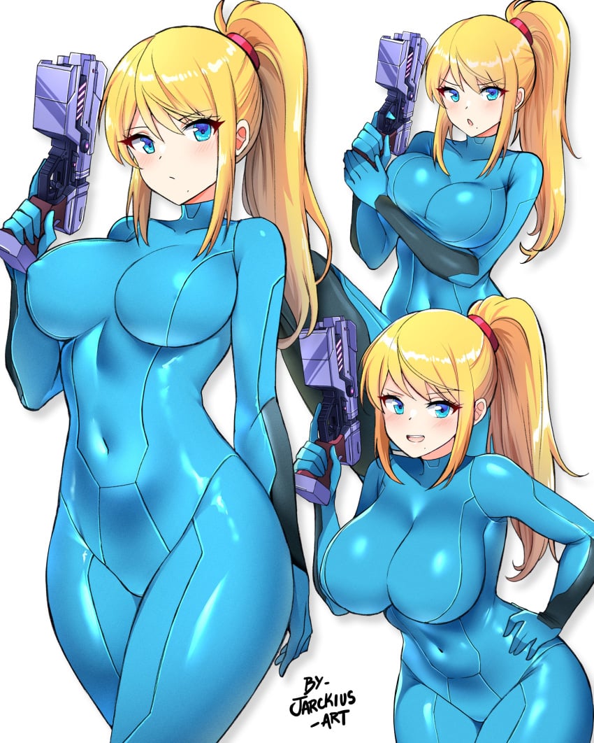 1girls big_breasts blonde_hair blue_bodysuit blue_eyes blush bodysuit breasts clothing female female_only gun hair hand_on_hip hips holding_weapon huge_breasts jarckius metroid mole mole_under_mouth multiple_views nintendo ponytail samus_aran smile solo solo_female tight_clothing tight_fit weapon wide_hips zero_suit_samus