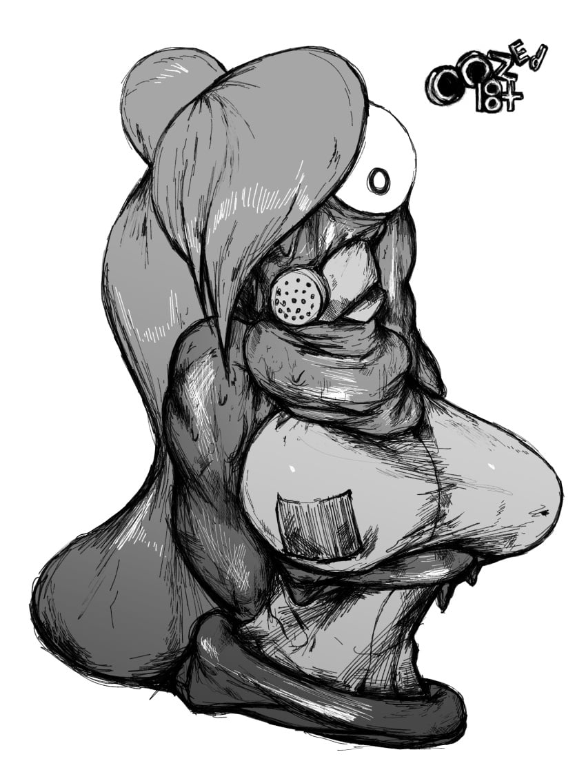 big_breasts black_and_white bound bound_wrists bust_portrait clothed covered_in_goo covered_in_slime head_parasite infected infection large_breasts leeper_parasite_(oozed) leeper_parasite_(witchdoctordb) mask monster oozed original_character parasite slime slime_monster slime_on_body suit tentacle unknown_character witchdoctordb