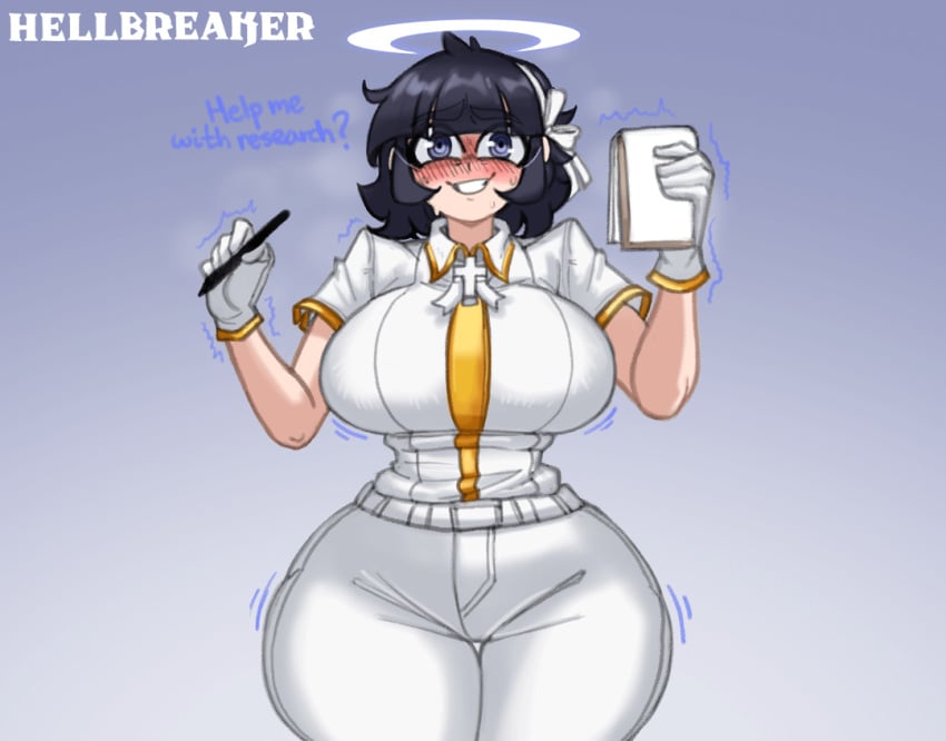 1girls absurd_res alternate_breast_size angel azazel_(helltaker) black_hair blue_eyes doocen female female_only gonzalo_costa halo helltaker nervous nervous_smile note notepad pen quivering shaking short_hair sweating twitch_lines