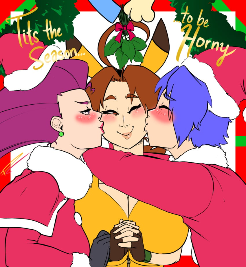 1boy 2girls bisexual bisexual_(female) both_sexes_in_same_situation christmas delia_ketchum_(pokemon) dialogue fakeryway james_(pokemon) jessie_(pokemon) kissing pleasure_castle pokemon tagme text wholesome yuri