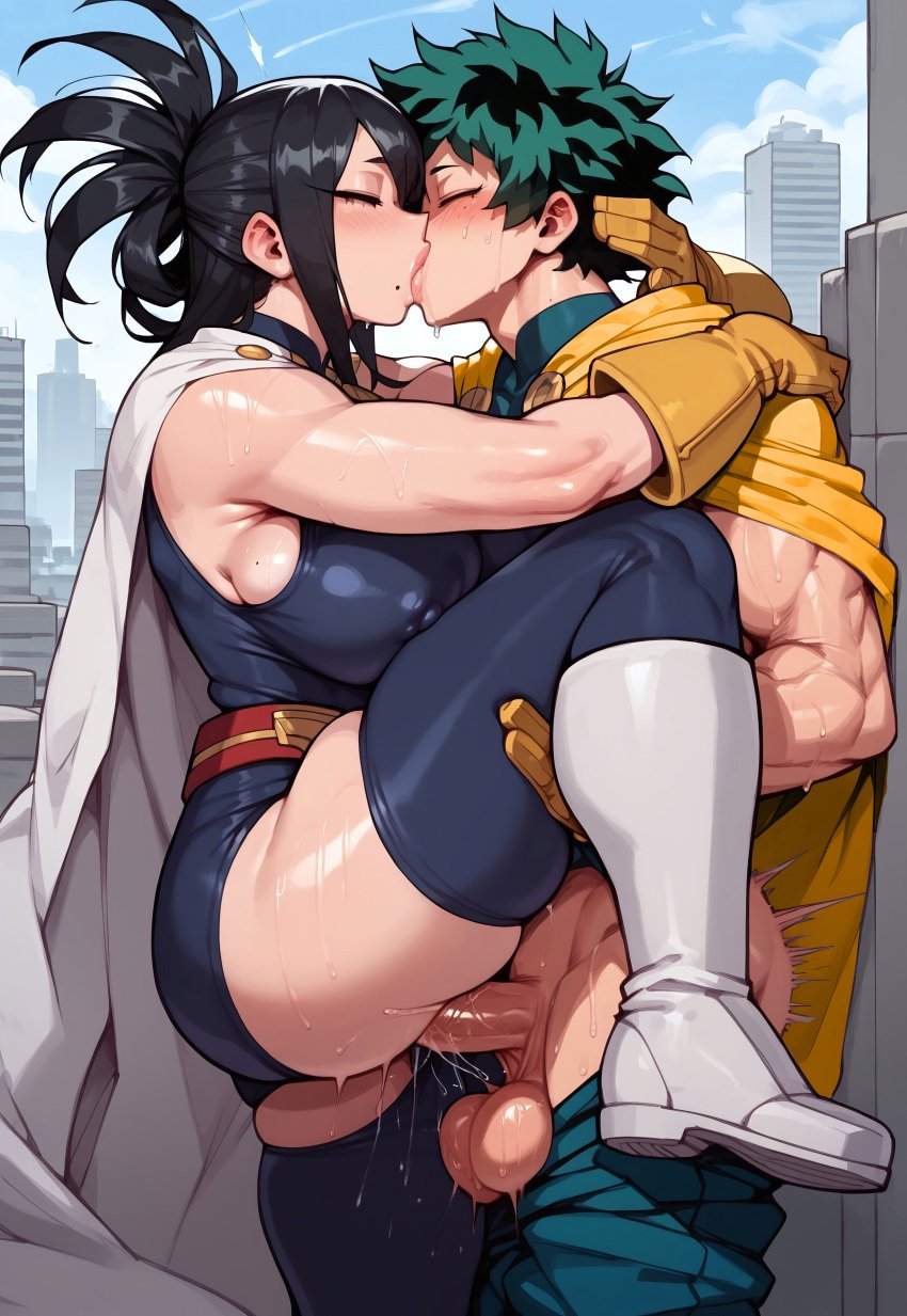 1boy 1girls ai_generated big_breasts black_hair breasts city hero_outfit_(mha) holding_legs izuku_midoriya kissing kissing_while_penetrated lightning486 my_hero_academia nana_shimura one_leg_up outside outside_sex standing standing_sex steam sweat