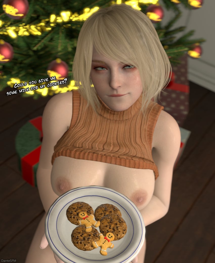 1female 1girls 3d ashley_graham blue_eyes breasts breasts_out christmas christmas_tree cookie cookies dantesfm female female_only light_skin resident_evil resident_evil_4 resident_evil_4_remake smile smile_at_viewer smiling smiling_at_viewer source_filmmaker yellow_hair