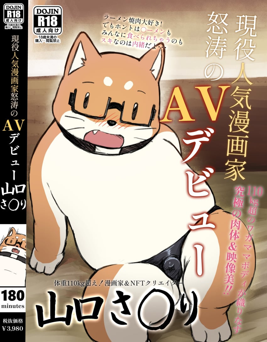 absurd_res anthro belly blush bulge canid canine canis clothing collar detailed_bulge domestic_dog eyewear fur glasses hi_res japanese_text male mammal orange_body orange_fur reo_oil shiba_inu slightly_chubby solo spitz text thong underwear vhs_case vtuber