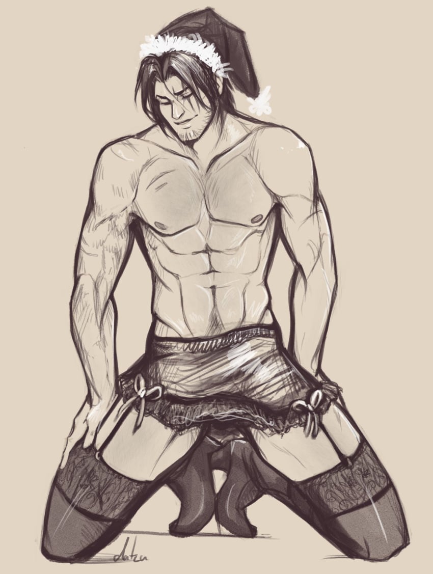 1boy castlevania christmas_outfit crossdressing facial_hair heel_boots lingerie manly_crossdresser monochrome muscular_male pecs scars stockings_thigh_highs trevor_belmont