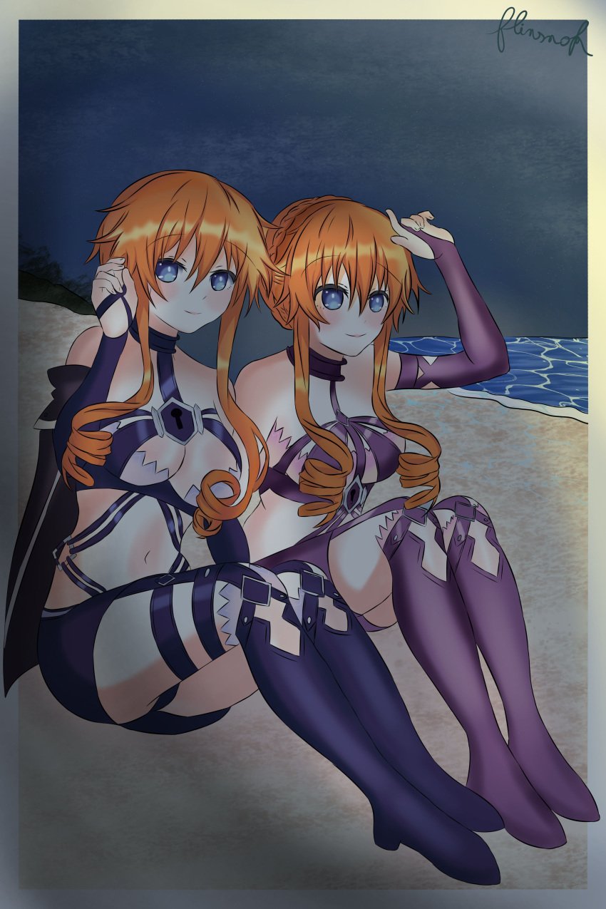 2d 2d_(artwork) 2girls beach belly belly_button big_breasts boots breasts date_a_live flinsnok grey_eyes light-skinned_female long_boots long_hair medium_breasts night orange_hair seaside thighs yamai_kaguya yamai_yuzuru