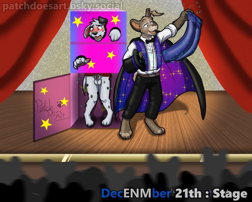 2boys anthro anthro_only balls bottomless dalmatian embarrassed embarrassed_nude_male exposed furry magic_trick magician male non-human non-human_only patchdoesart penis snout stage stolen_clothes tagme