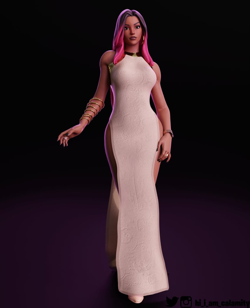 1female brown_eyes calamity_(fortnite) colored_hair dress ear_ring fortnite:_battle_royale jewelry light-skinned_female rings watch white_dress white_shoes