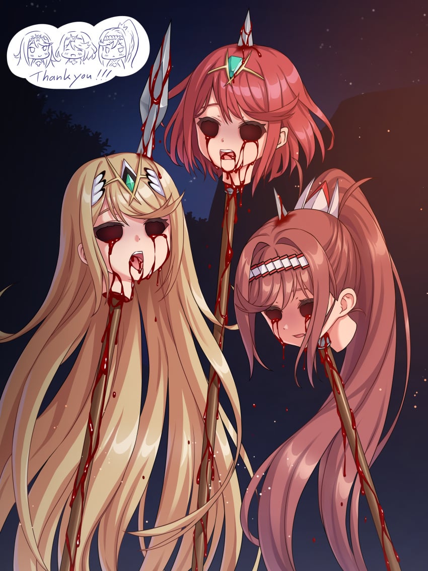 3girls auburn_hair bad_end blonde_hair blood blood_in_mouth blood_on_face death decapitated_head decapitation defeated defeated_heroine empty_eye_sockets female_death glimmer_(xenoblade) gore guro headband impaled_head impalement long_hair multiple_deaths multiple_girls mythra mythra_(xenoblade) on_display parted_bangs ponytail pyra pyra_(xenoblade) really_long_hair red_hair severed_head short_hair skewer skewered tiara xenoblade_(series) xenoblade_chronicles_2 xenoblade_chronicles_3 xenoblade_chronicles_3:_future_redeemed