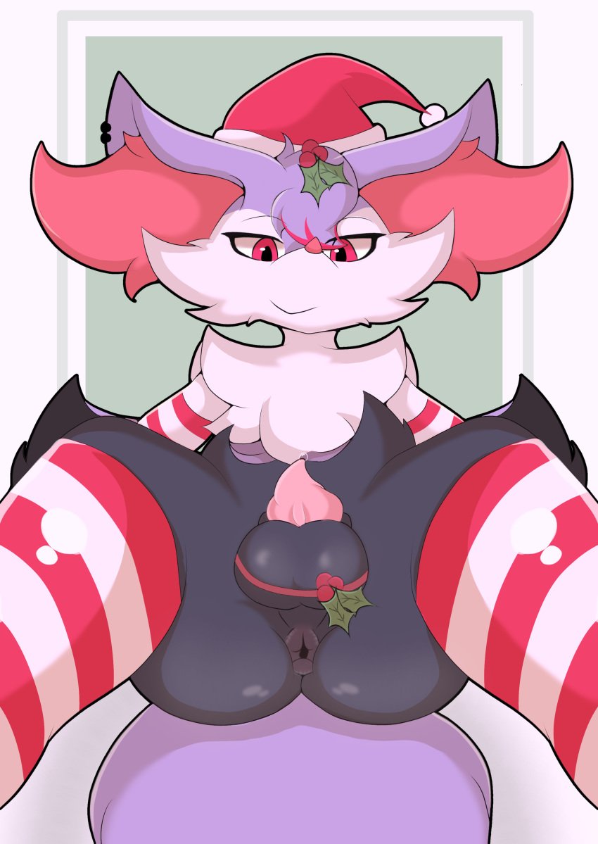 absurd_res accidental_holly anus ass balls braixen christmas clothing darkbraixen fan_character femboy footwear generation_6_pokemon genitals hi_res holidays holly_(plant) male nintendo plant pokemon pokemon_(species) red_eyes socks solo