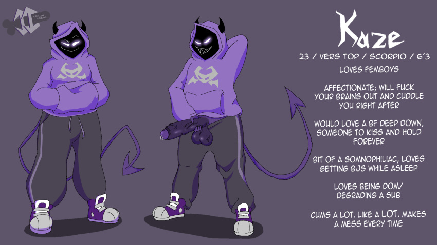 big_balls big_penis character_sheet demon demondraws glowing_eyes hoodie horns kaze_(demondraws) original_character purple_penis purple_skin sharp_teeth smile tail white_eyes