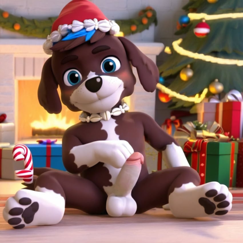 1boy ai_generated anthro balls blue_eyes christmas christmas_background christmas_decorations christmas_hat christmas_presents christmas_tree dog_collar luxeraora10 male male_only moby_(paw_patrol) paw_patrol penis portuguese_water_dog solo_male tensor.art