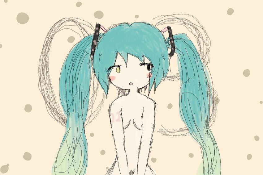 1girls 2013 :o aqua_hair arm_tattoo black_eyes blush_stickers breasts completely_nude covered_nipples hatsune_miku heterochromia kikuo kikuo_miku lemonplant looking_to_the_side number_tattoo open_mouth small_breasts solo style_parody twintails vocaloid yellow_background yellow_eyes