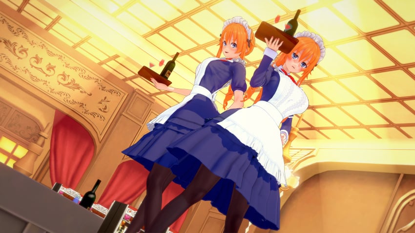 2girls 3d big_breasts breasts clothed date_a_live dr_xidan grey_eyes koikatsu light-skinned_female long_hair maid maid_headdress maid_uniform medium_breasts orange_hair pantyhose twins wine yamai_kaguya yamai_yuzuru