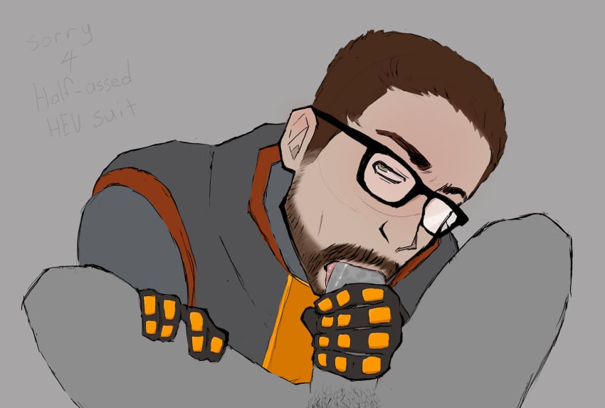 anonymous_male blowjob brown_hair face_closeup gay glasses gordon_freeman green_eyes half-life hev_suit male male/male males_only viewer_pov