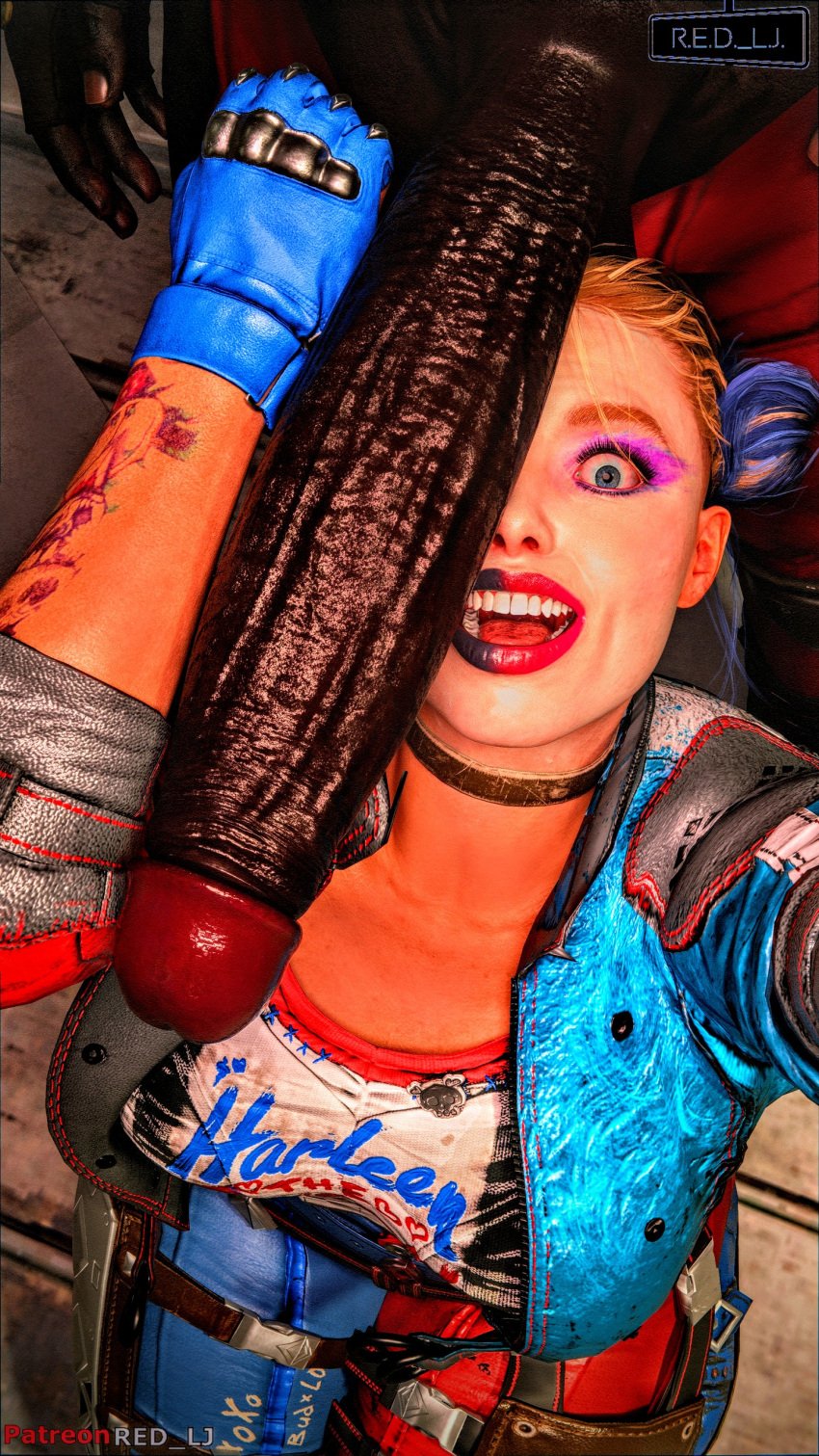 above arm awe blonde_hair blue choker cock comparing covering dark dark-skinned dark-skinned_male dark_skin duo enormous expression eyed eyelashes eyes eyeshadow face facepaint female forearm from gloves hair harley_quinn harley_quinn_(arkham) harley_quinn_(suicide_squad_game) head huge human human_female hyper imminent interracial jacket large light-skinned light-skinned_female light_skin lipstick long makeup male male/female mascara massive measuring mouth multicolored on one only open oral over penis red_lj skin smile straight surprised tattooed tattoos teeth to tongue wide worship