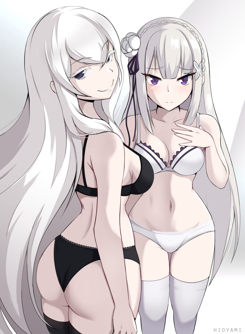 2girls ass black_panties bra echidna_(re:zero) emilia_(re:zero) eye_contact female high_resolution hioyami legwear long_hair looking_at_viewer panties purple_eyes re:zero_kara_hajimeru_isekai_seikatsu smile thighs white_hair white_panties