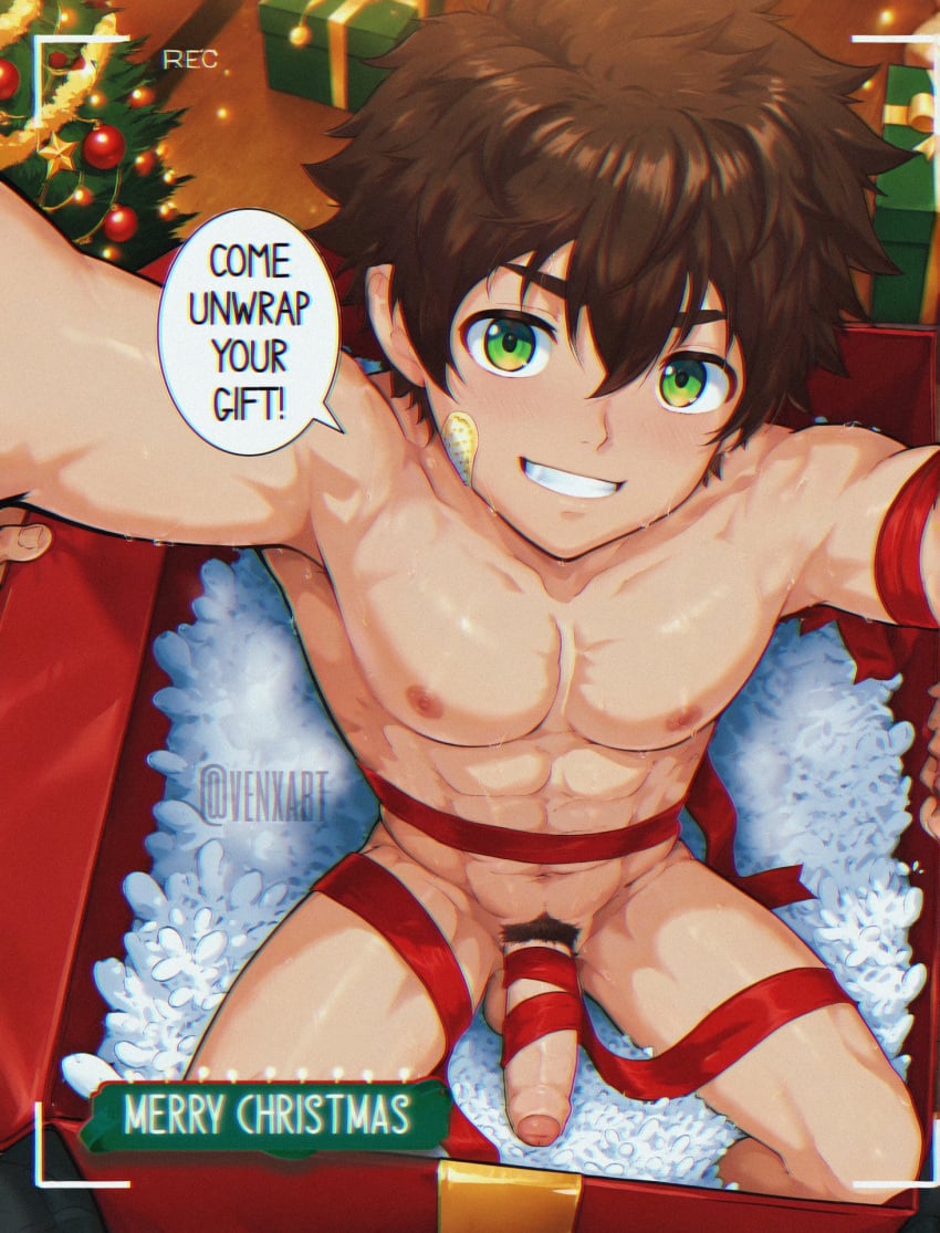 1boy abs camp_buddy christmas english_text gay gift_wrapped hentai human human_only keitaro_nagame male male_only no_sex penis smile solo_male text twunk uncircumcised yaoi