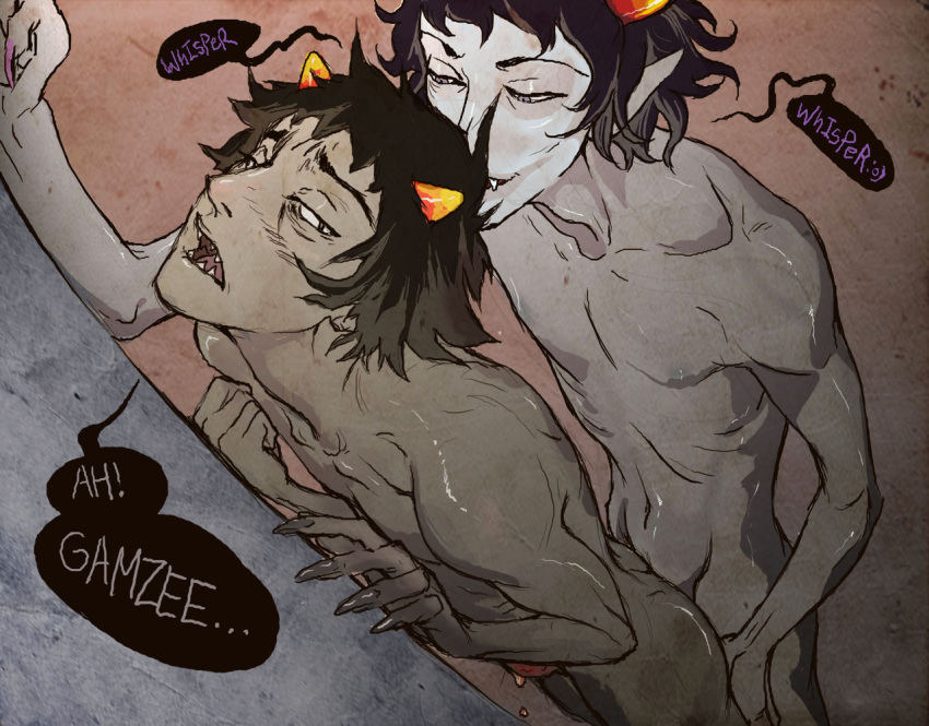 2boys anal black_hair dialogue gamzee_makara gay grey_skin homestuck horns karkat_vantas ms_paint_adventures naked open_mouth penis pointy_ears precum sharp_teeth short_hair speech_bubble text troll