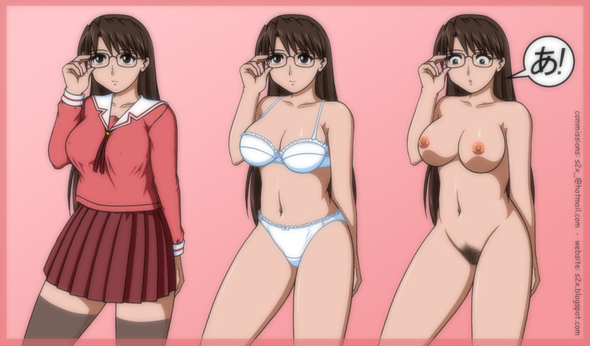 1girls azumanga_daiou bra clothing female female_only glasses human koyomi_mizuhara large_breasts panties pubic_hair s2x skirt solo stockings tagme translation_request