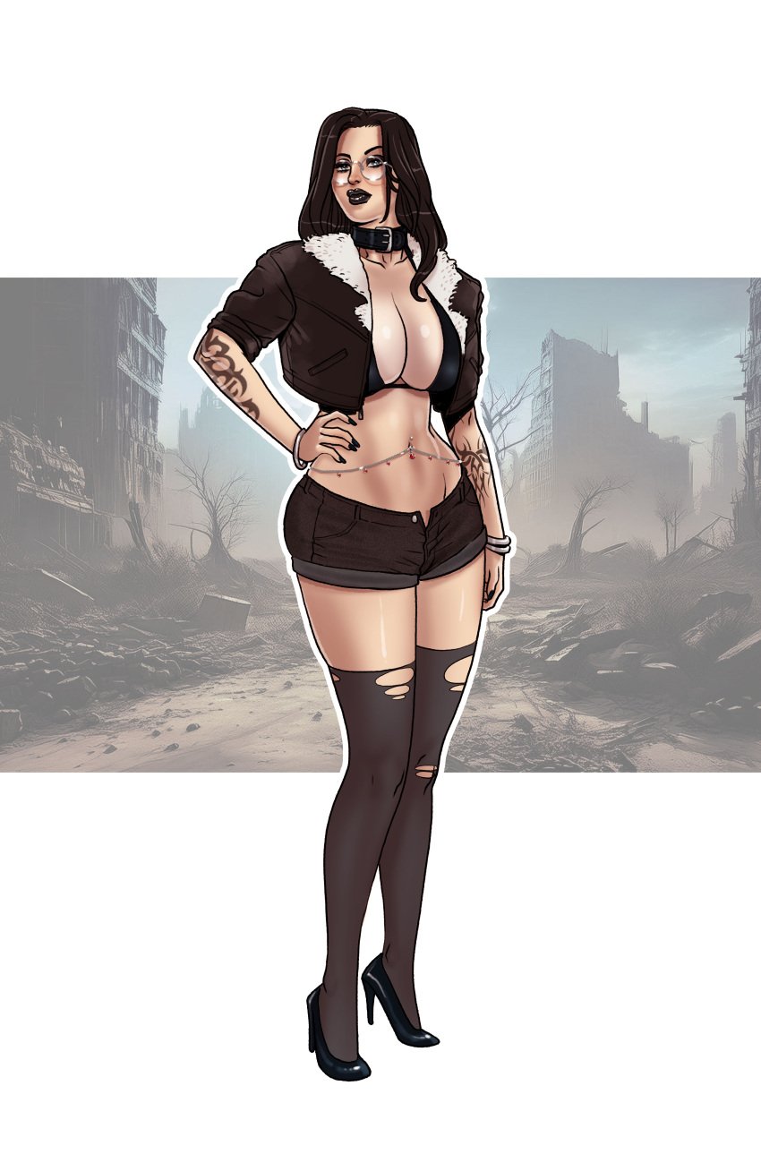 background bikini_top black_hair black_lipstick black_nail_polish commission cropped_jacket dog_collar glasses goth grey_eyes high_heels large_breasts original_character pegasus_(artist) short_shorts tattoo torn_thighhighs wasteland