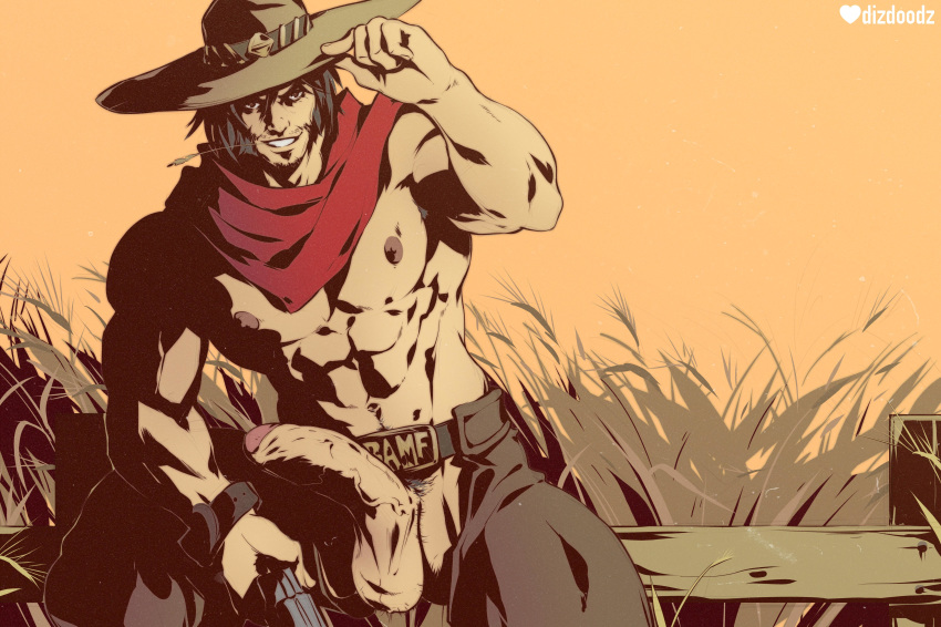 1boy artist_name bara blizzard_entertainment cole_cassidy cowboy cowboy_hat dizdoodz hat heart human male male_focus male_only muscle outdoors overwatch overwatch_2 partially_clothed penis pubic_hair shirtless solo testicles text watermark weapon yaoi