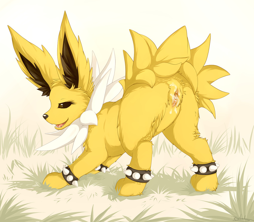 blackfury bracelets color eeveelution female female_only feral fur grass jolteon light_background nintendo nude outdoors pokemon pokemon_(species) pussy solo tagme vulva white_fur yellow_fur