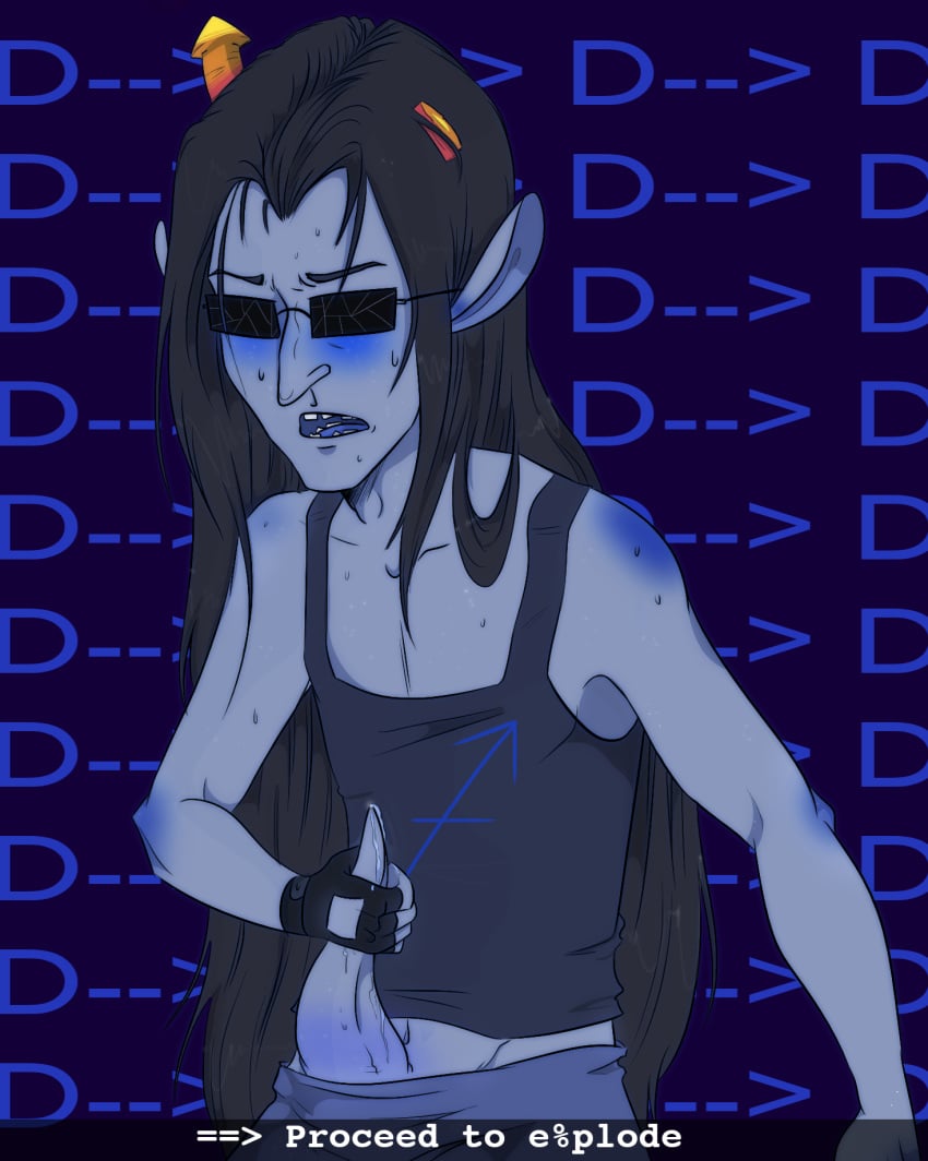 1boy black_hair blush equius_zahhak fingerless_gloves grey_skin homestuck hooked_nose horns long_hair masturbation ms_paint_adventures open_mouth pointy_ears precum solo sunglasses tank_top tentabulge tentacle_penis text troll