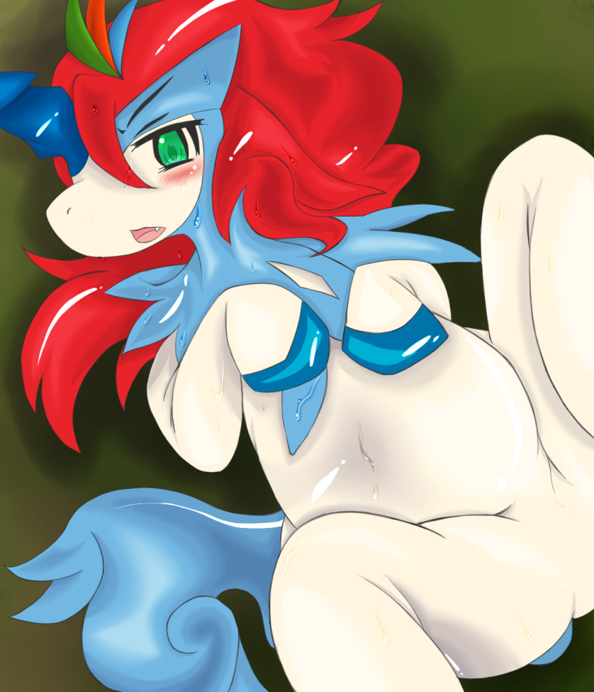 blush color female female_only feral fur keldeo keldeo_(resolute_form) lying mythical_pokemon nude on_back pokemon pokemon_(species) solo solo_female tagme