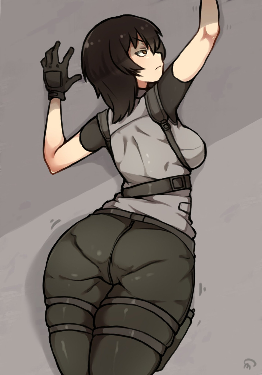 1girls alex_hendrickson ass ass_focus belt belt_buckle black_hair breakdown breasts brown_eyes female female_focus female_only from_behind gloves kurage_shokushu large_ass military military_clothing military_uniform pistol short_hair short_sleeves suspenders weapon