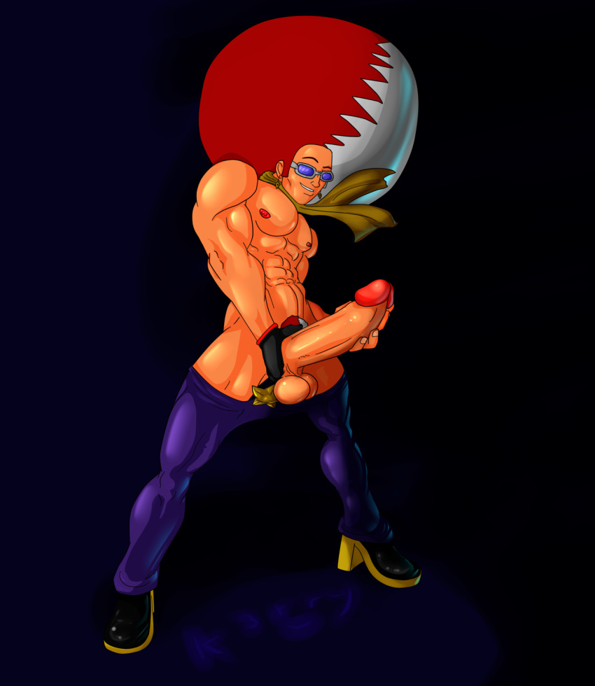 abs afro boots clothes color ear_piercing erection eyewear footwear glasses gloves grey_hair hair high_heels huge_cock human k3rry male male_only miror_b. mirorbo_(pokemon) multicolored_hair muscles nipples orange_skin pants penis piercing pokemon pokemon_colosseum pokemon_xd pubic_hair red_hair red_nipples round_ears scarf smile solo standing testicles topless