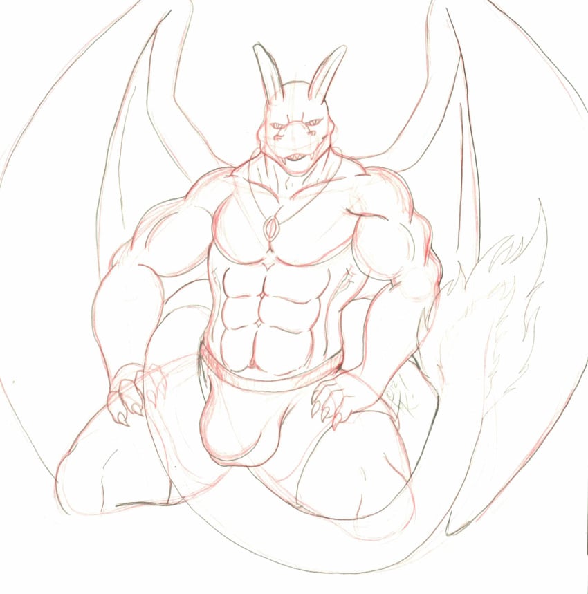 anthro bulge charizard clothes color fire male male_only muscles nintendo pokemon pokemon_(species) sketch solo tagme tail tail_fire topless