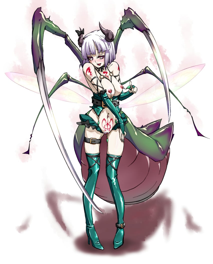 1girls aya_shachou belt blush bondage breasts cleavage clitoris_piercing clitoris_ring dark_persona elbow_gloves female fingerless_gloves gloves highres horns insect_girl insect_wings insects labia_piercing mantis monster_girl navel navel_piercing nipple_piercing nipple_rings nipples piercing praying_mantis pubic_tattoo pussy red_eyes silver_hair solo tattoo thighhighs tongue touhou uncensored wings youmu_konpaku