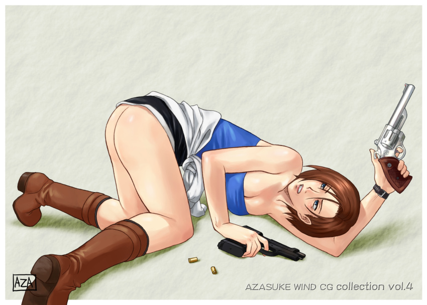 azasuke female female_only firearm gun handgun highres human jill_valentine jill_valentine_(julia_voth) resident_evil resident_evil_3 revolver shell_casing shell_casings skirt smooth_skin solo tubetop weapon