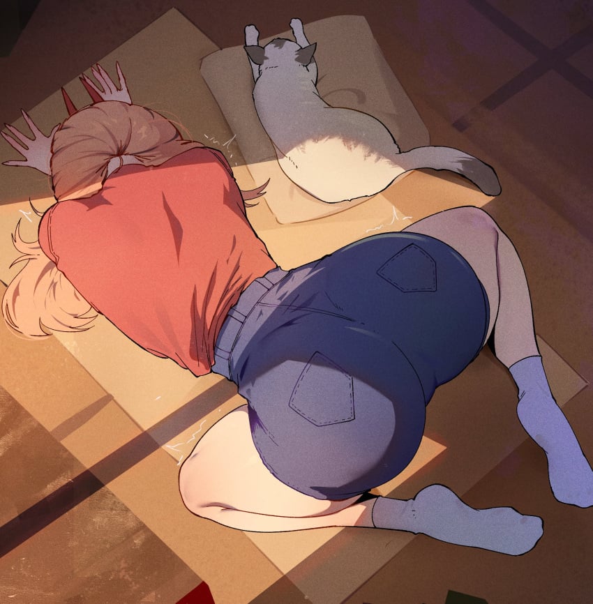 1girls 2026 ass back back_view bare_legs big_ass chainsaw_man clothed clothing color colored demon_girl demon_horns digital_media_(artwork) face_down_ass_up feline female female_only full_body fully_clothed hi_res horns jamesloves_art jeans light-skinned_female light_skin mappa power_(chainsaw_man) shorts solo thick_thighs thighs viewed_from_above yoga_pose