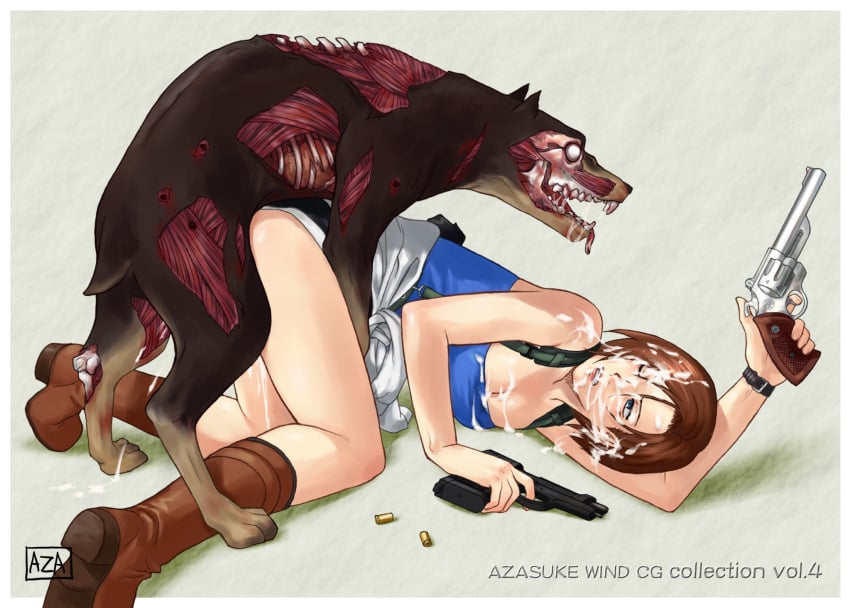 ambiguous_penetration azasuke cerberus_(resident_evil) cum cum_inside cum_on_breasts cum_on_face dog domestic_dog duo female feral feral_penetrating feral_penetrating_human firearm gun handgun highres human human_on_feral human_penetrated jill_valentine jill_valentine_(julia_voth) male male/female penetration resident_evil resident_evil_3 revolver sex shell_casing shell_casings skirt straight tubetop weapon zoophilia