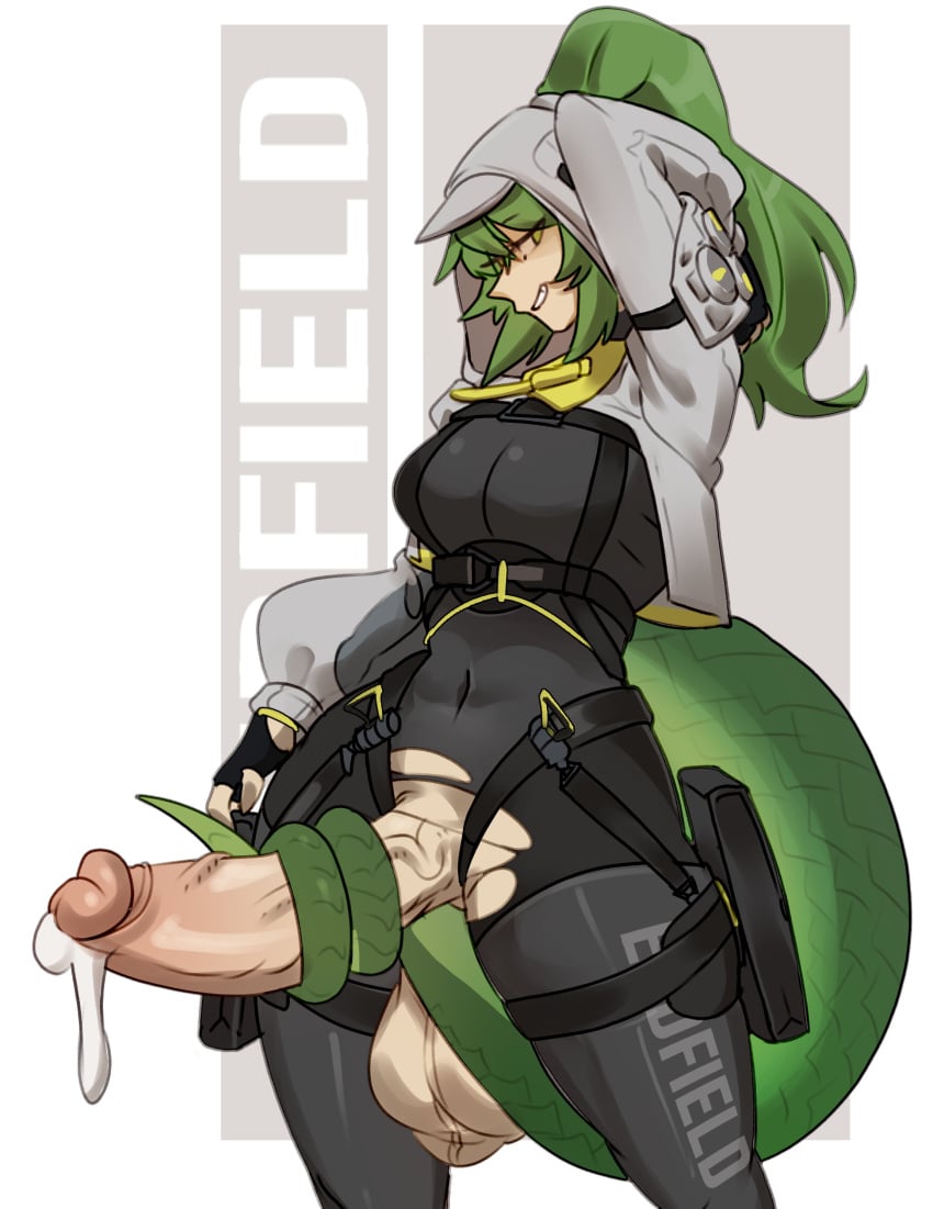 1futa arknights arknights:_endfield balls big_balls big_penis bodysuit breasts cum curvy dickgirl dripping_cum fat_cock fluorite_(arknights:_endfield) futa_only futanari green_eyes green_hair highres hood huge_cock hung hung_futa intersex looking_at_viewer one_arm_up penis ponytail precum presenting shrug_(clothing) side_view simple_background small_waist smile smirk snake_girl snake_tail solo_dickgirl solo_futa straps sunk118 tail tail_around_penis thick_thighs tight_clothing torn_bodysuit