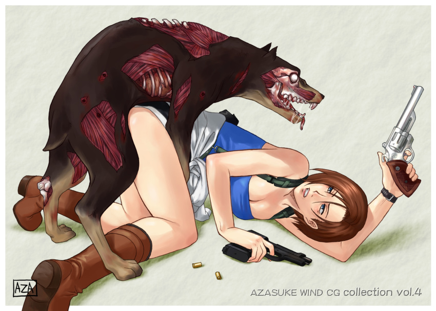 ambiguous_penetration azasuke cerberus_(resident_evil) dog domestic_dog duo female feral feral_penetrating feral_penetrating_human firearm gun handgun highres human human_on_feral human_penetrated jill_valentine jill_valentine_(julia_voth) male male/female penetration resident_evil resident_evil_3 revolver sex shell_casing shell_casings skirt straight tubetop weapon zoophilia