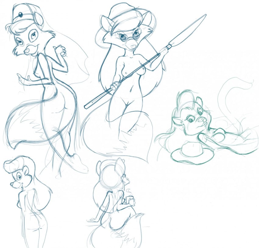 anthro bear disney female female_only fox fur furry mammal monochrome multiple_females myra_foxworthy nipples opus0987 rebecca_cunningham rough_sketch tagme talespin