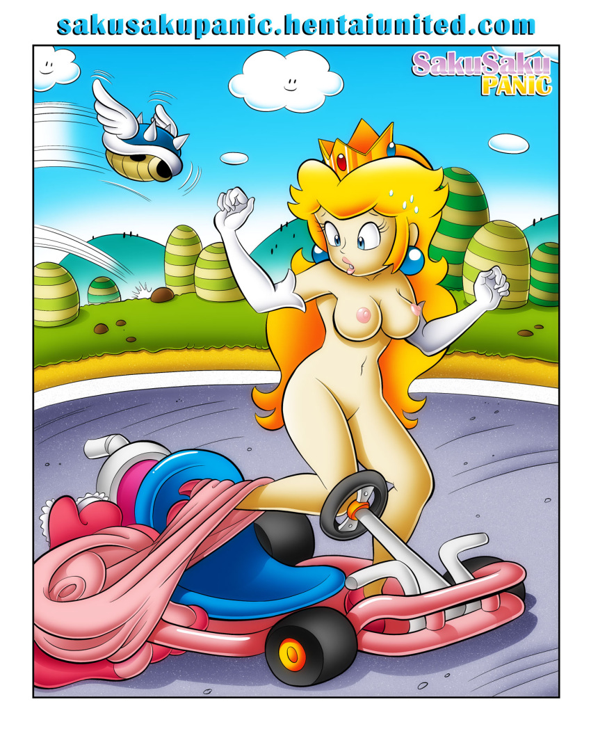 1girls blue_shell breasts clothes color crown day dress ear_piercing elbow_gloves embarrassed embarrassed_nude_female female female_only gloves high_heels kart mario_(series) mario_kart naked_footwear naked_gloves naked_heels nintendo nude outdoors piercing princess_peach sakurakasugano shoes side_view solo spiny_shell sweat tagme text wardrobe_malfunction white_border