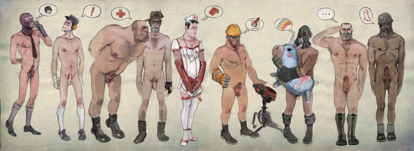 9boys abs age_difference balaclava boots cap chest_hair chyringa cigarette cock_hungry crossdressing dark-skinned_male demoman doctor_sex engineer engineer_(team_fortress_2) erect_nipples erection eye_patch facial_hair fingerless_glove flaccid gas_mask gay_pride gloves goggles hard_hat hat headset heavy_weapons_guy helmet hiding_penis high_heels latex_gloves leaning_forward lineup looking_at_penis machine male male_focus male_only manly_crossdresser medic naked naked_footwear necktie nurse_uniform pecs penis penis_size_difference presenting pyro pyro_(team_fortress_2) rainbow salute scars scout scout_(team_fortress_2) size_difference smoking sniper sniper_(team_fortress_2) sock_garters socks_and_shoes soldier soldier_(team_fortress_2) spy spy_(team_fortress_2) stuffed_toy tagme team_fortress_2 thighhighs tinted_eyewear unknown_gender wrapped_hands