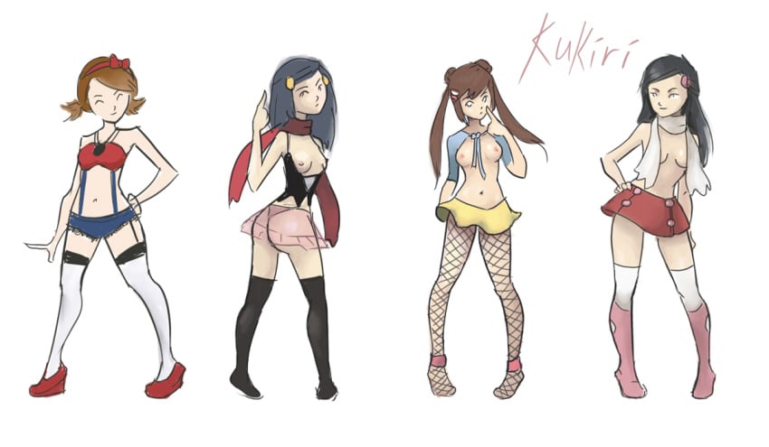 4girls ass boots breasts clothing dawn_(pokemon) fishnets kukiri lyra_(pokemon) multiple_girls pokemon pokemon_bw2 pokemon_dppt pokemon_hgss princess_salvia rosa_(pokemon) skirt