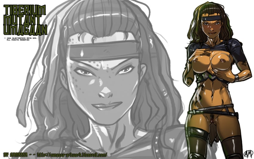 blush breasts brown_hair command_and_conquer dark-skinned_female dark_skin english_text female ganassa hair hairlocs headhand holster military_uniform mutant nipples pubic_hair pussy solo tattoo text tiberian_(series) tiberian_sun umagaan uniform wallpaper wristbands