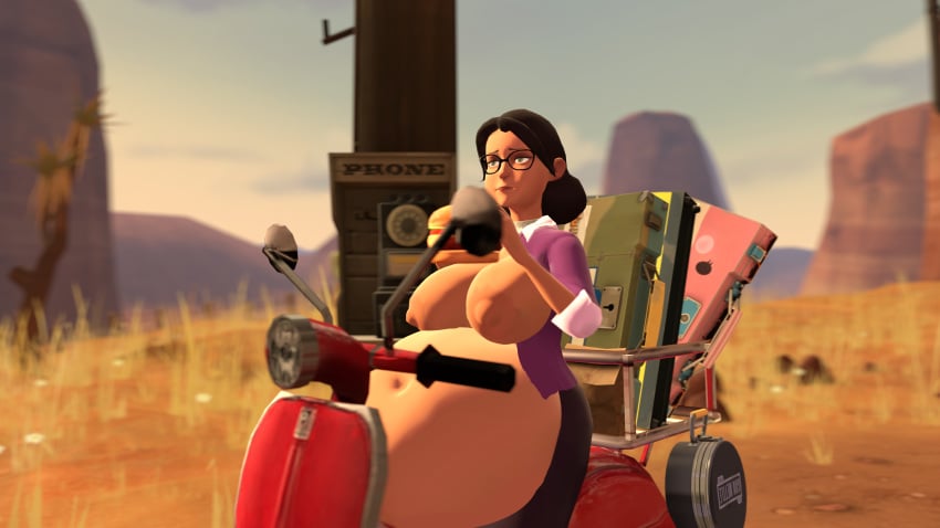 3d allstarman big_belly breasts burger eating female glasses inflation miss_pauling motorcycle nipples outdoors outside solo source_filmmaker stuffing team_fortress_2 vehicle weight_gain